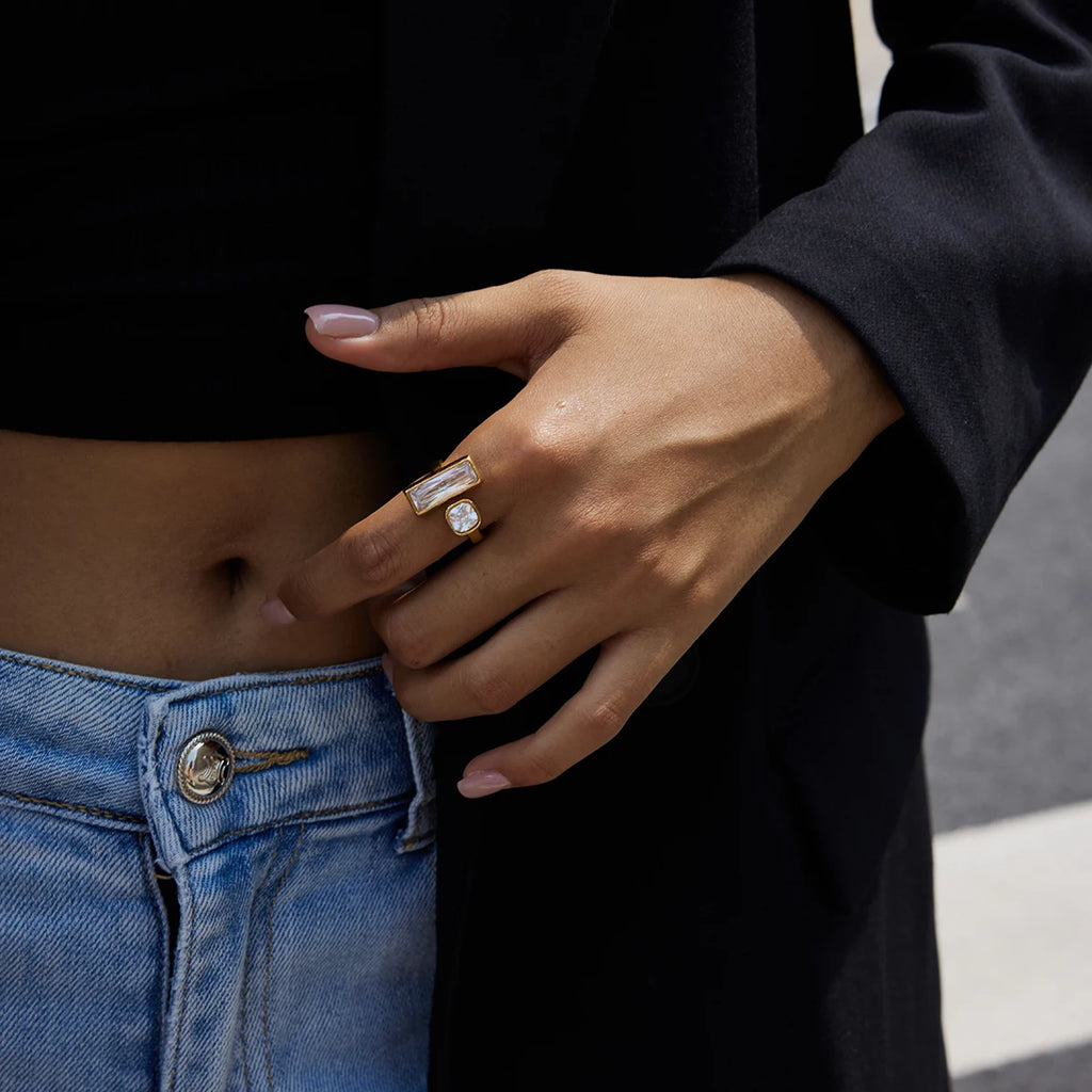 Square White Zirconia Ring Stainless Steel Open Rings