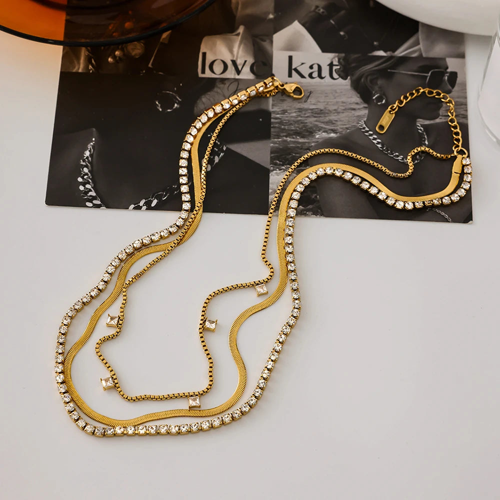 3-Layer Necklace with Square White Zirconia