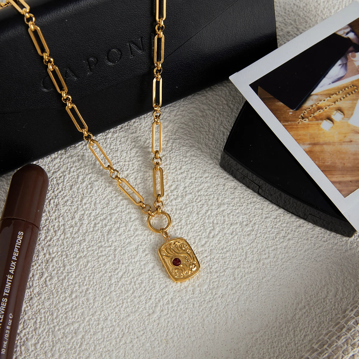Red Rhinestone Square Coin Pendant Necklace