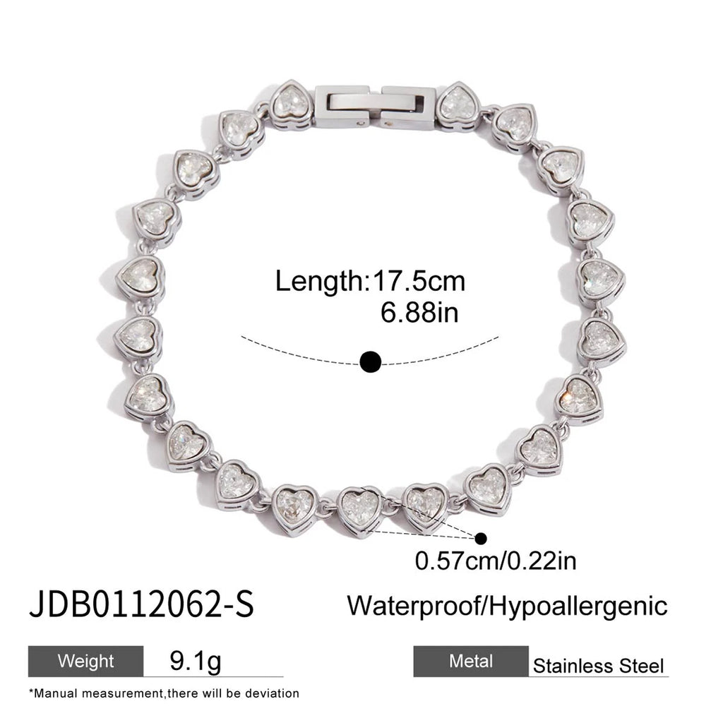 Stainless Steel Chain Bracelet with Heart-Shaped Zirconia and Gold Color Plating