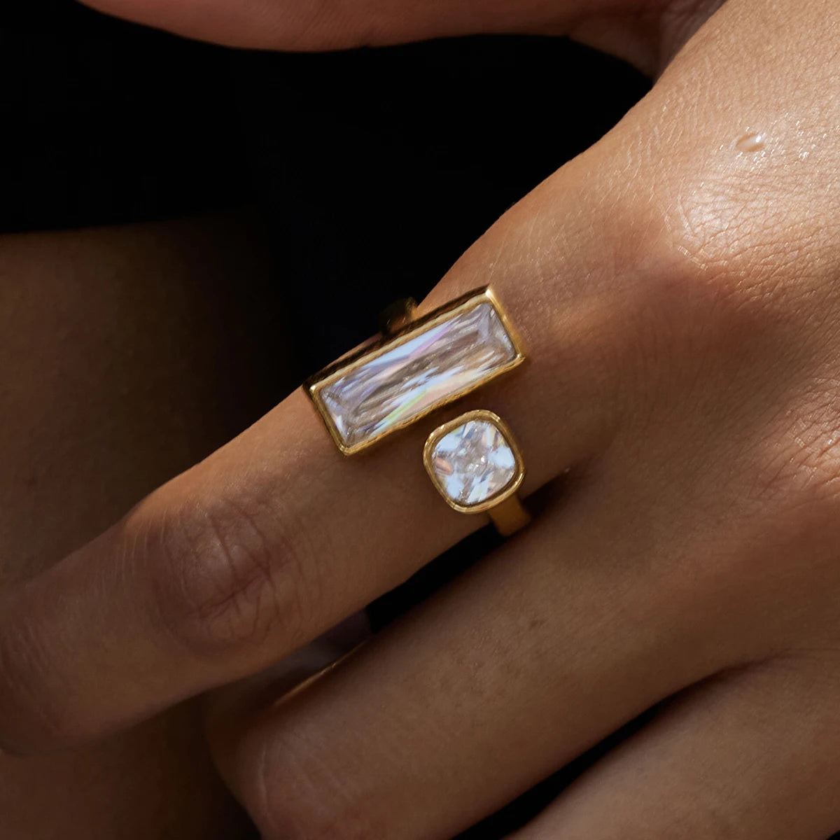 Square White Zirconia Ring Stainless Steel Open Rings