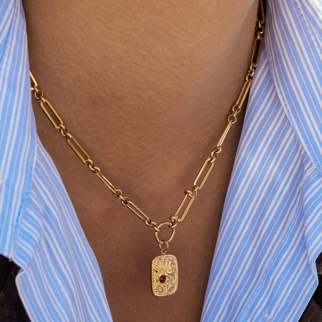 Red Rhinestone Square Coin Pendant Necklace