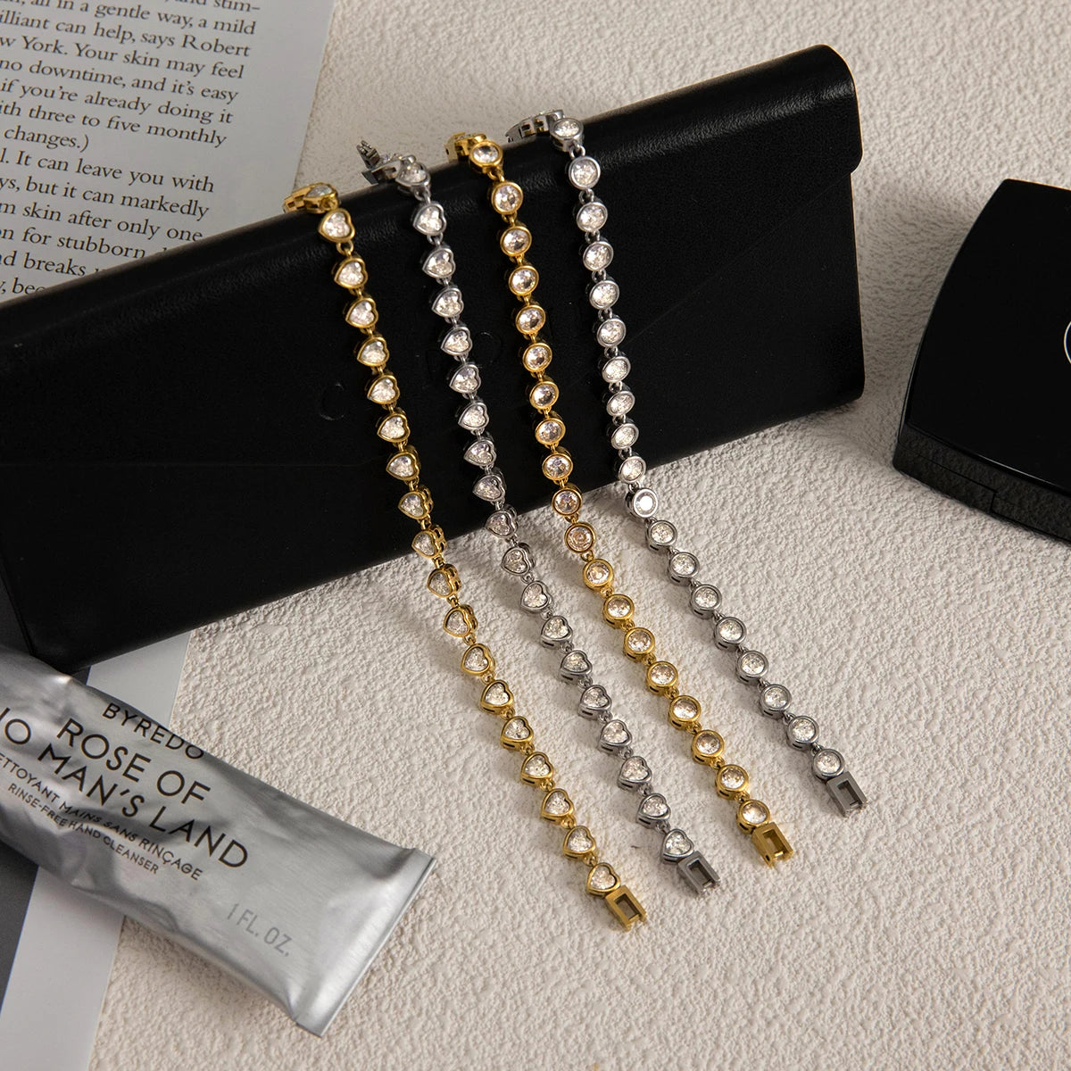 Stainless Steel Chain Bracelet with Heart-Shaped Zirconia and Gold Color Plating
