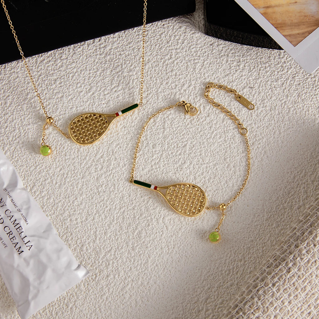 Tennis Racket Pendant Necklace Bracelet And Necklace Set