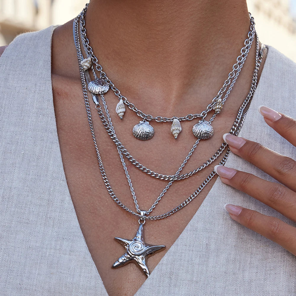 Spiral Starfish Pendant Twisted Chain Necklace