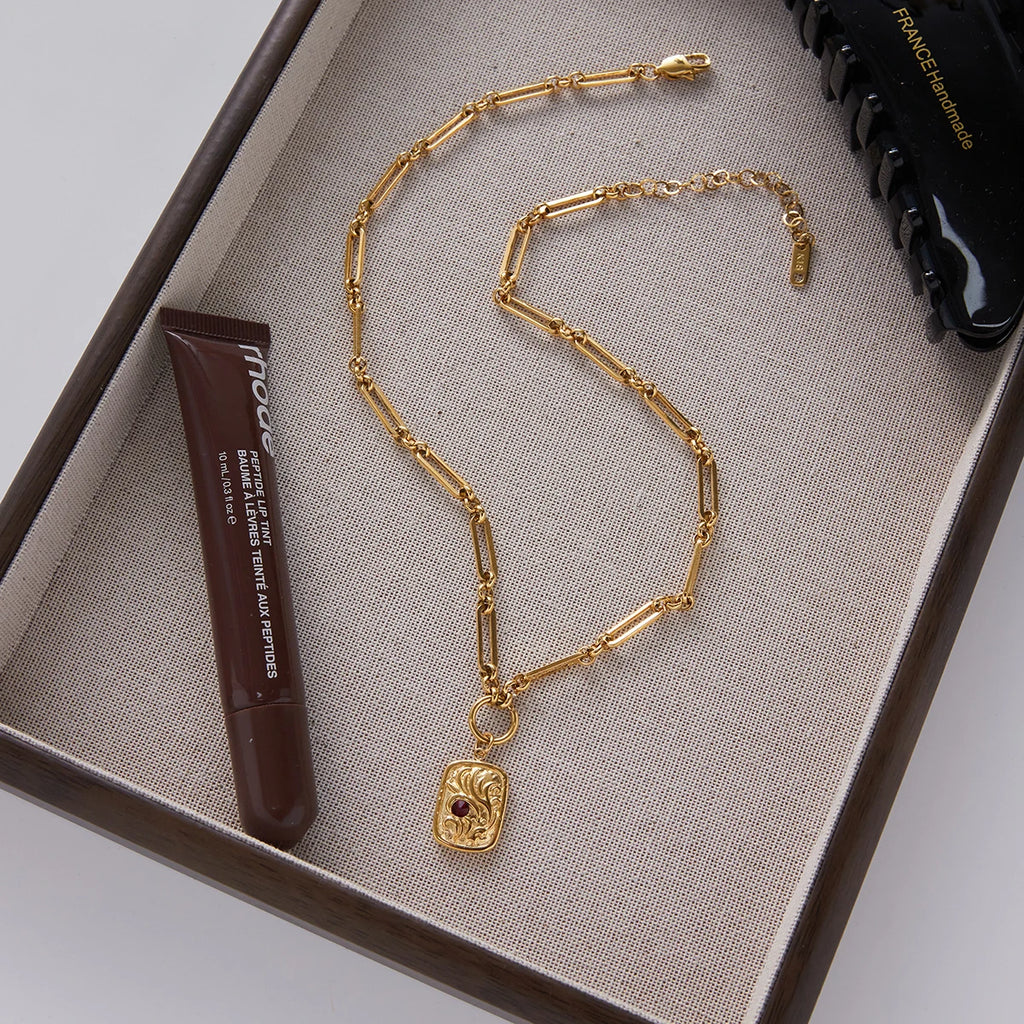 Red Rhinestone Square Coin Pendant Necklace