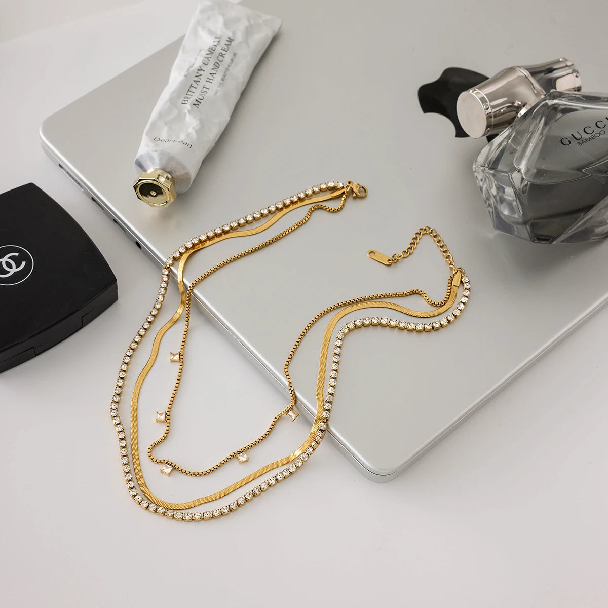 3-Layer Necklace with Square White Zirconia