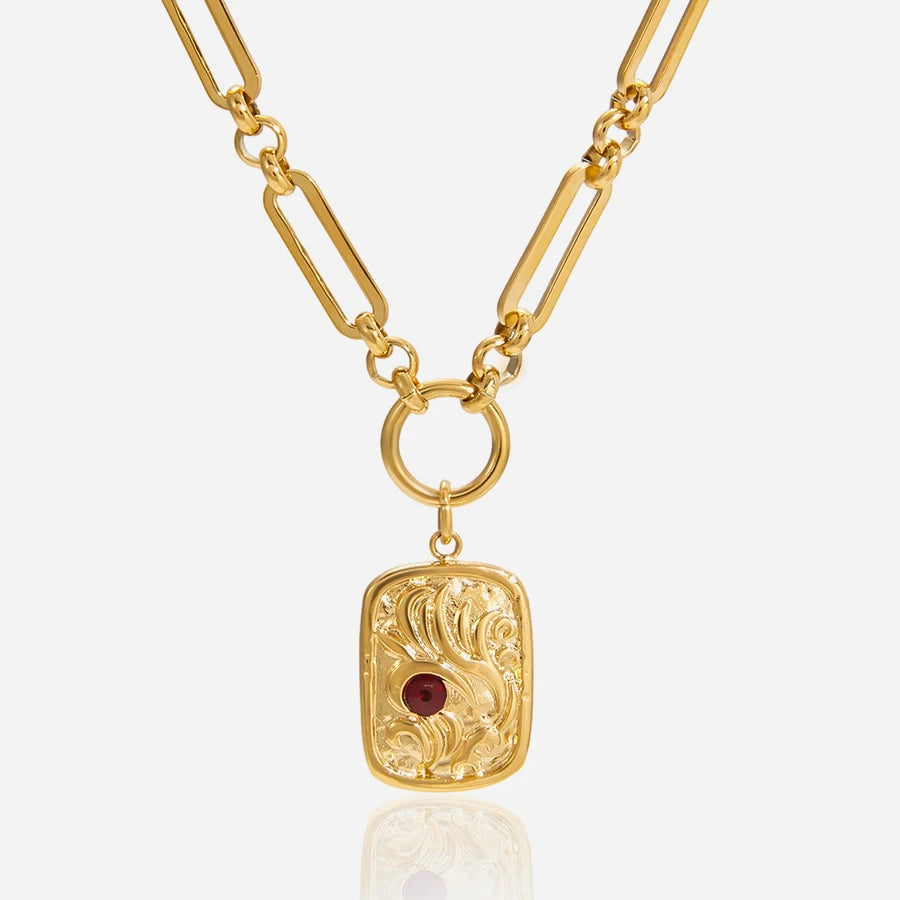 Red Rhinestone Square Coin Pendant Necklace