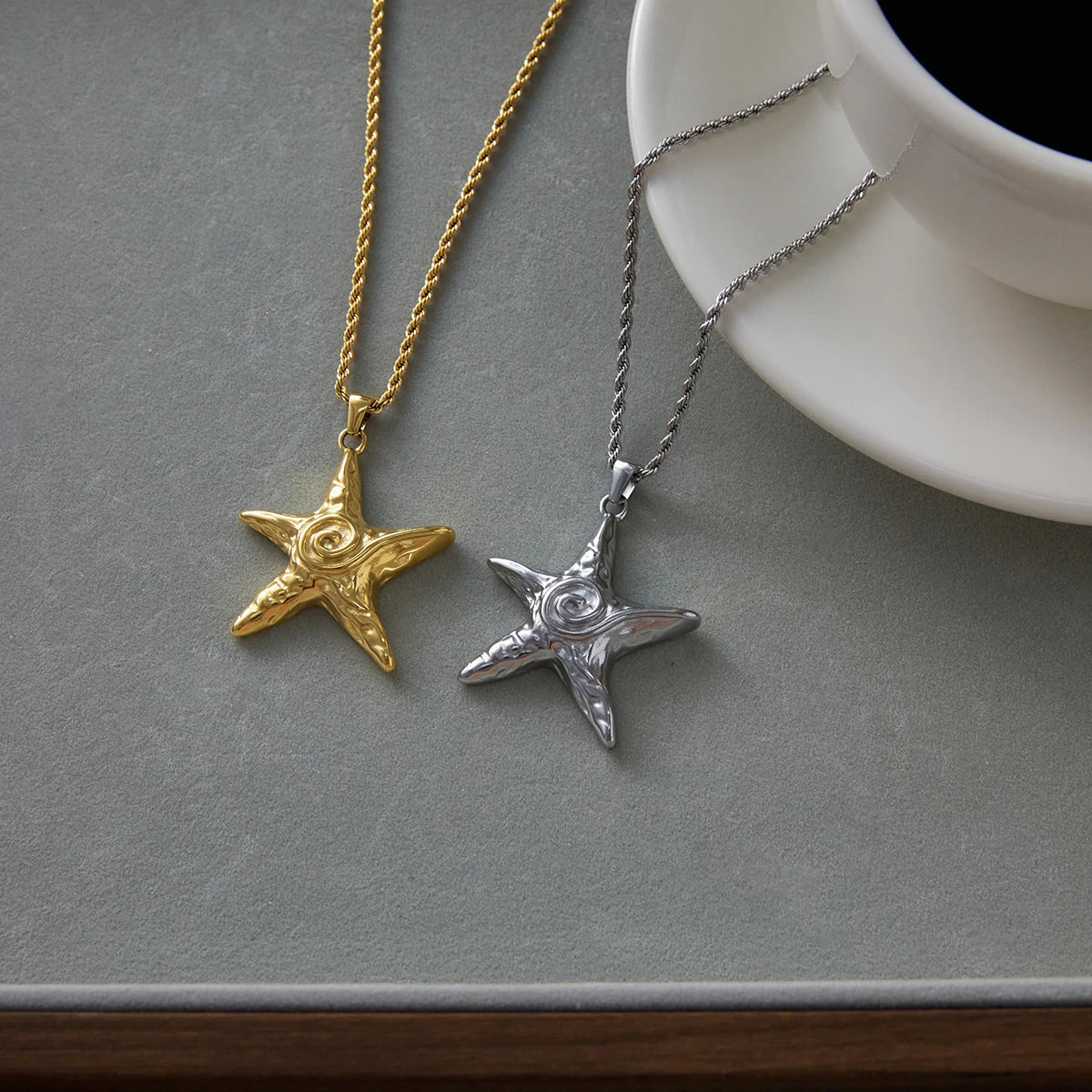 Spiral Starfish Pendant Twisted Chain Necklace