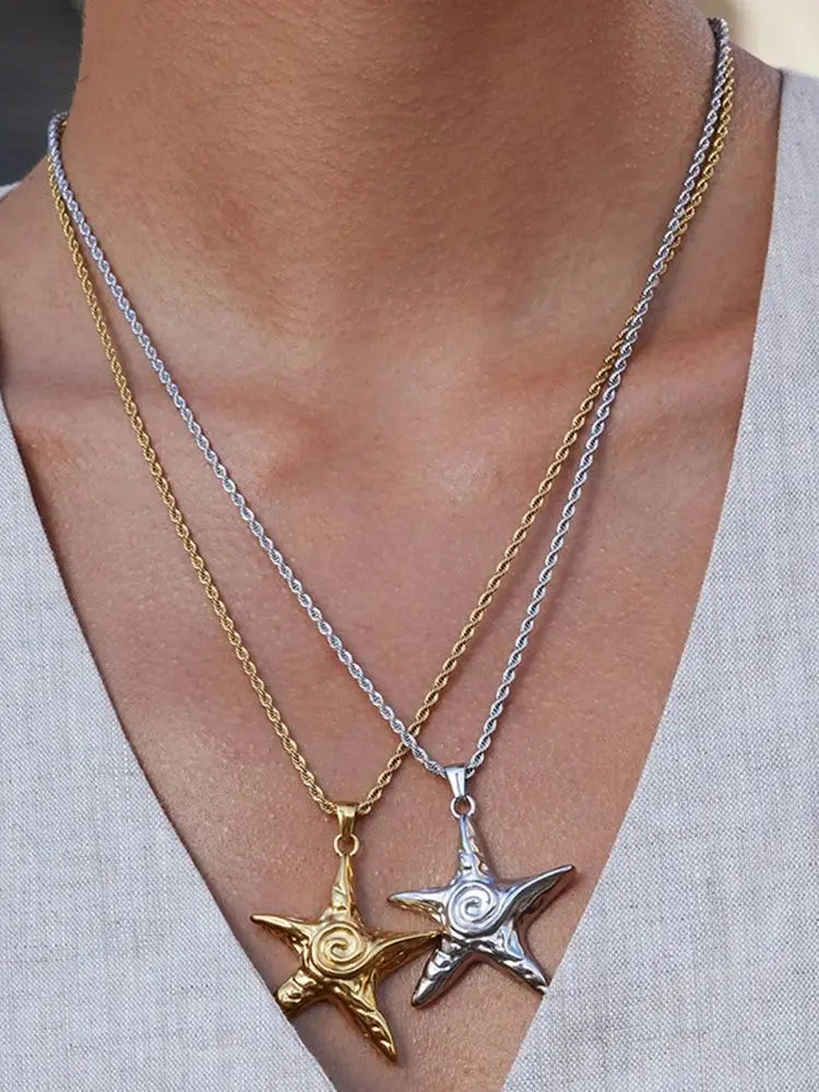 Spiral Starfish Pendant Twisted Chain Necklace