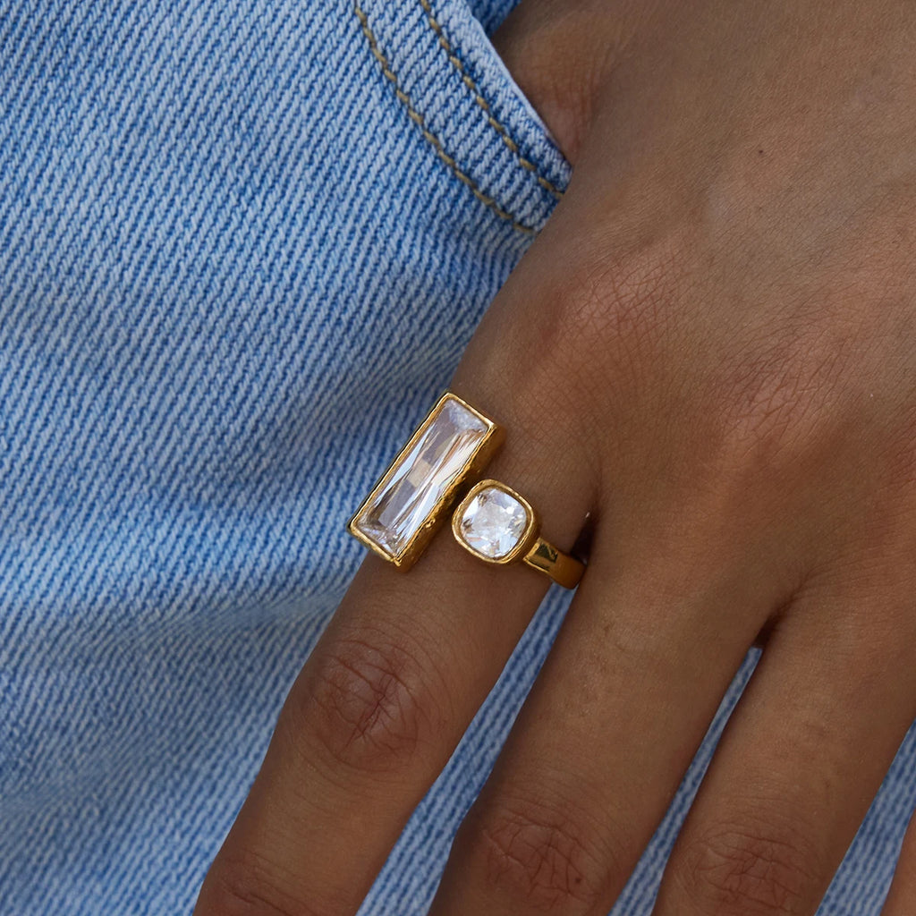 Square White Zirconia Ring Stainless Steel Open Rings