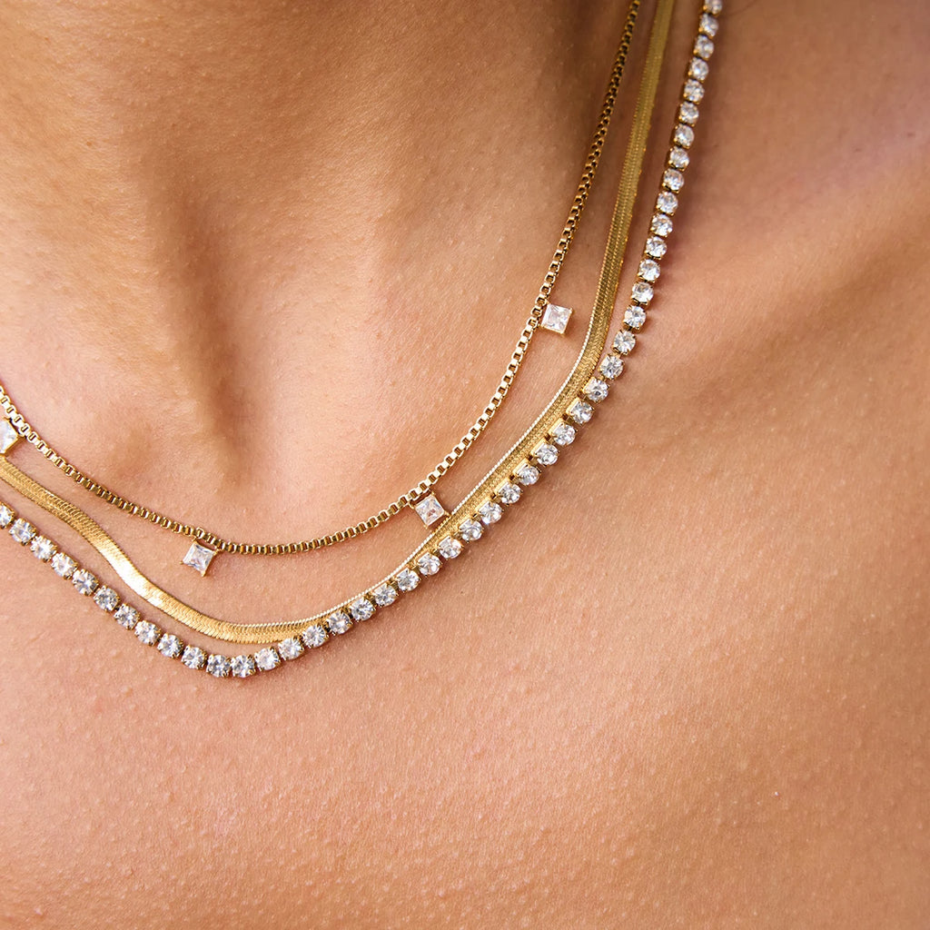 3-Layer Necklace with Square White Zirconia