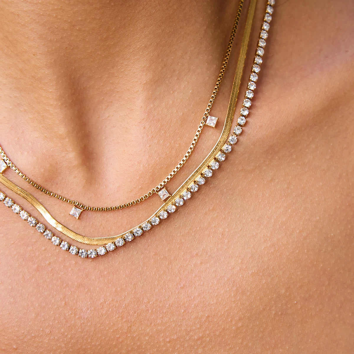 3-Layer Necklace with Square White Zirconia