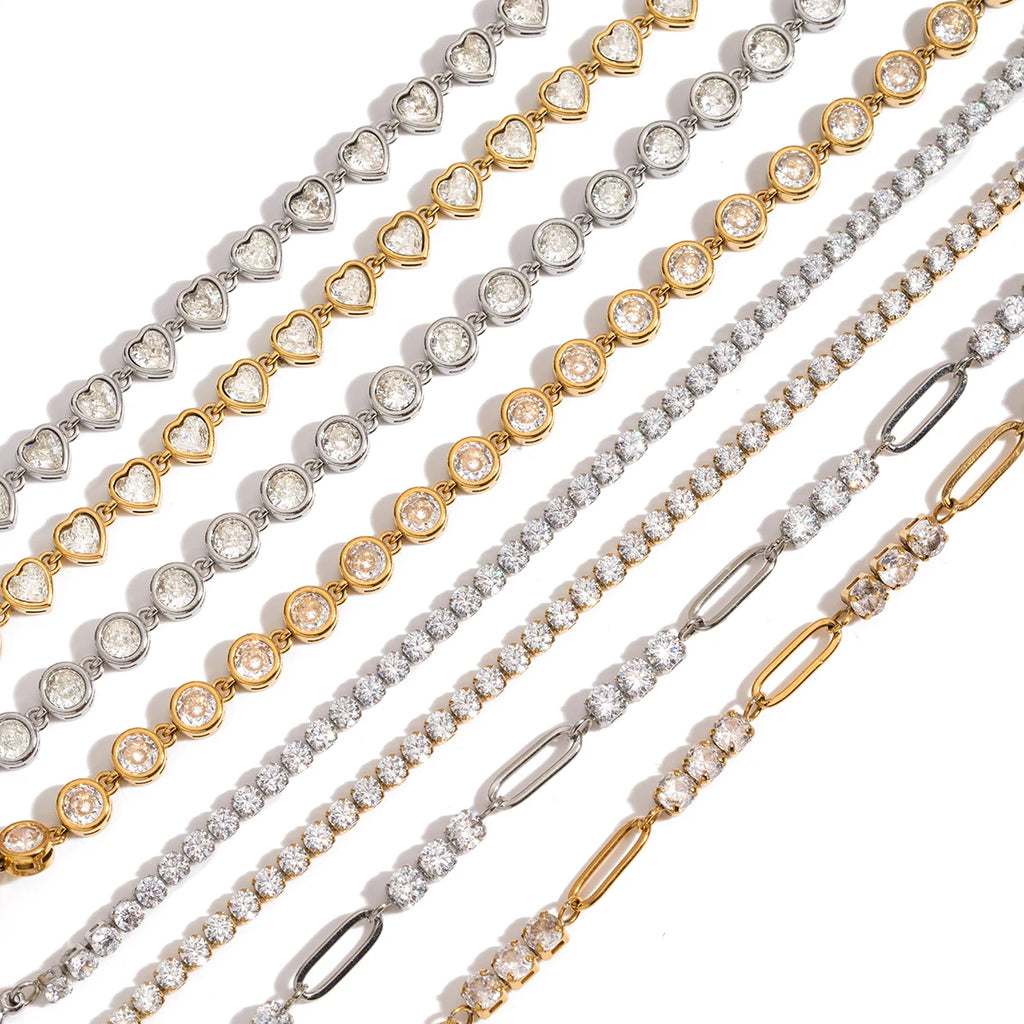 Stainless Steel Chain Bracelet with Heart-Shaped Zirconia and Gold Color Plating