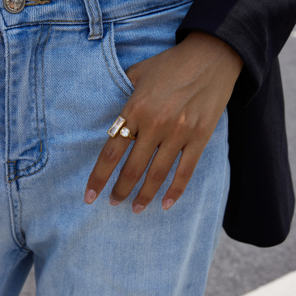 Square White Zirconia Ring Stainless Steel Open Rings