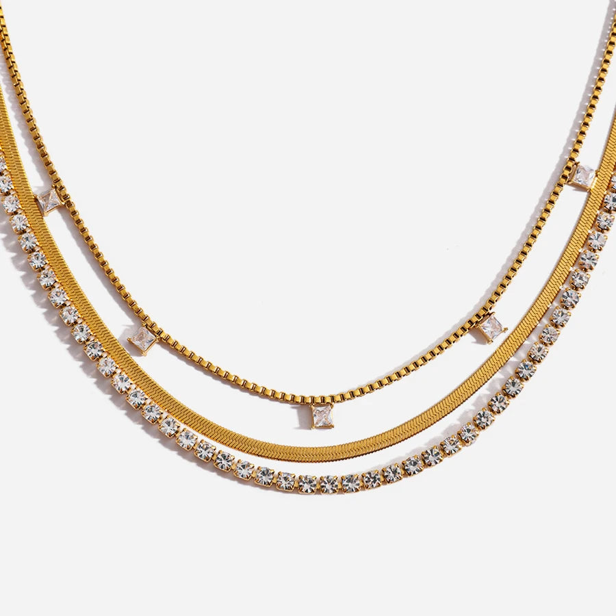 3-Layer Necklace with Square White Zirconia