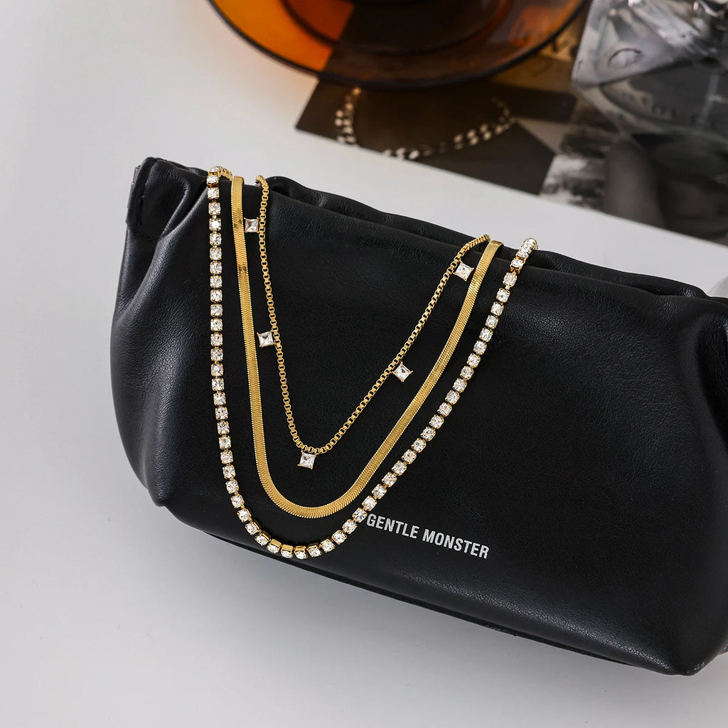 3-Layer Necklace with Square White Zirconia