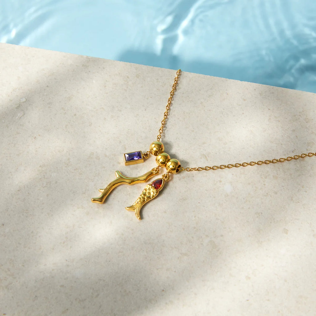 Coral Red Zircon Fish Pendant Necklace