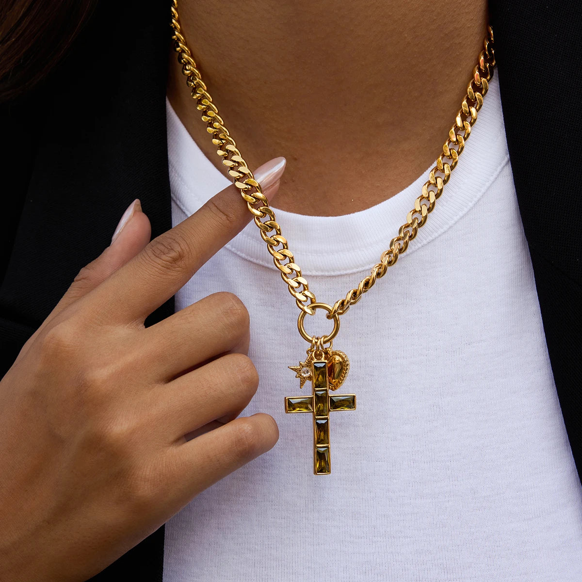 Classic Heart Zircon Star Cross Pendant Necklace