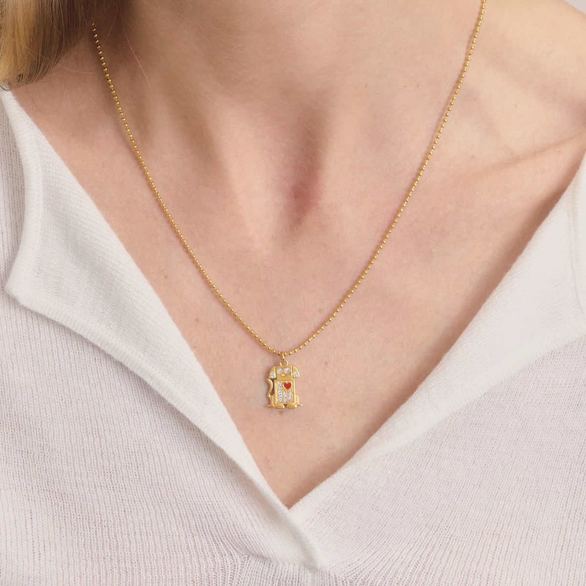 Cute Oil Drip Red Heart Crystal Dog Pendant Necklace