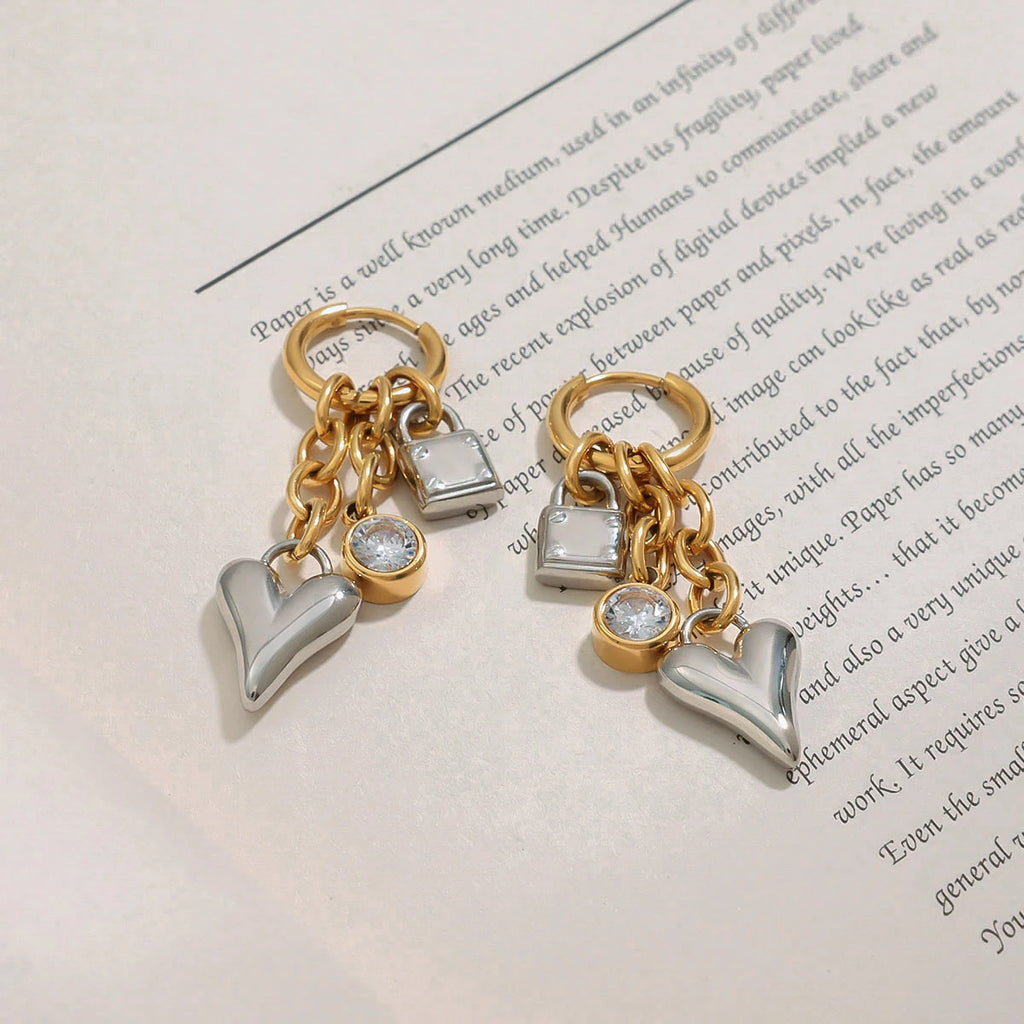Minimalist Gold&Silver White Zircon Love Heart Lock Pendant Earrings