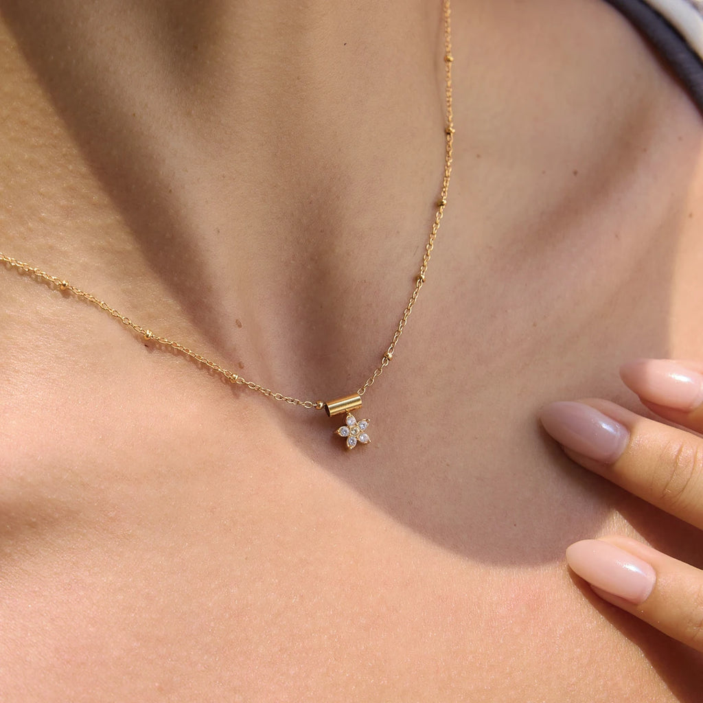 Cubic Zircon Round Flower Pendant Necklace