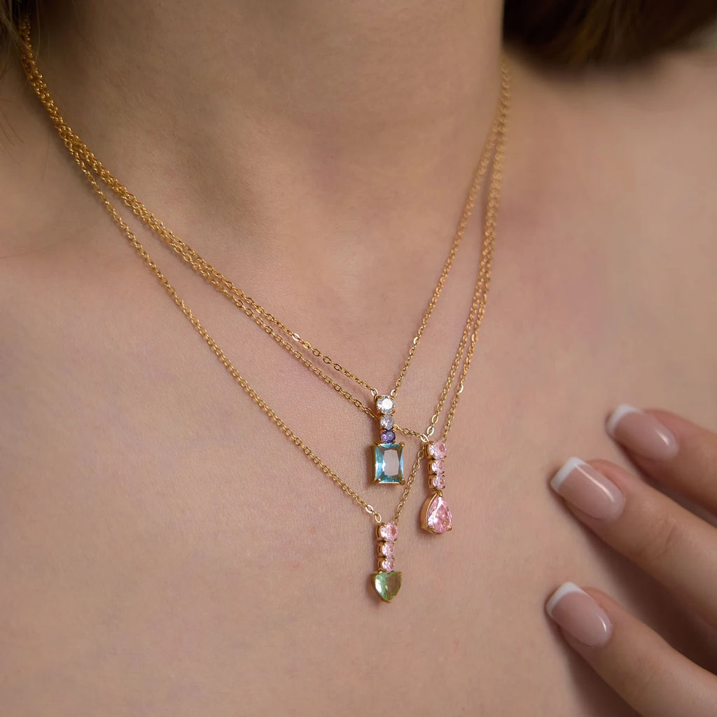 Sweet Color Zircon Heart Geometric Pendant Necklace