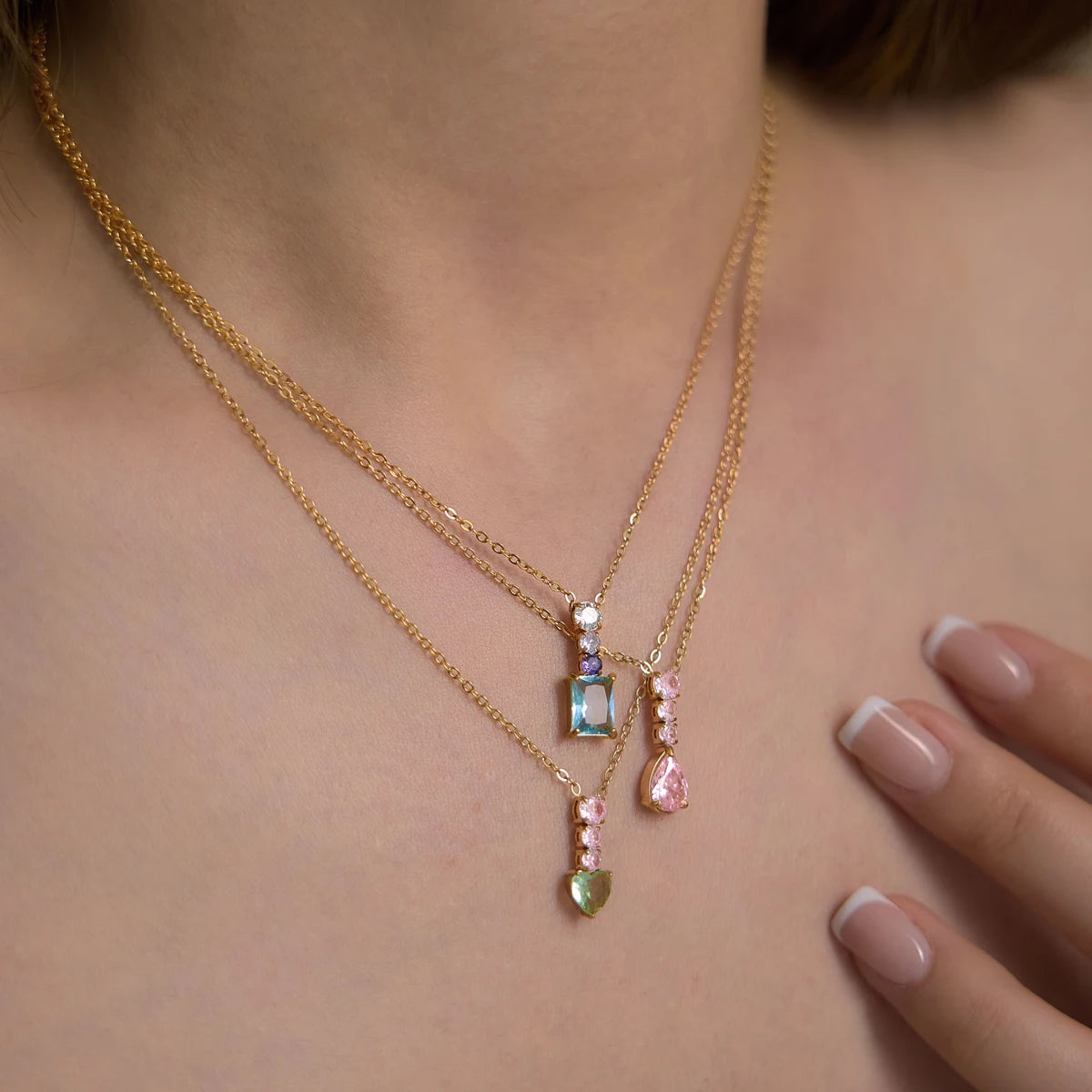 Sweet Color Zircon Heart Geometric Pendant Necklace