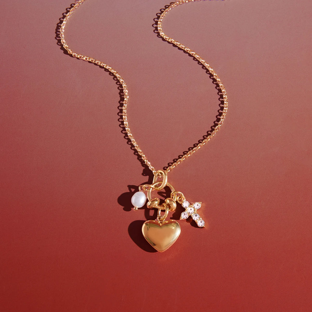 Freshwater Pearl Cross Heart Pendant Necklace