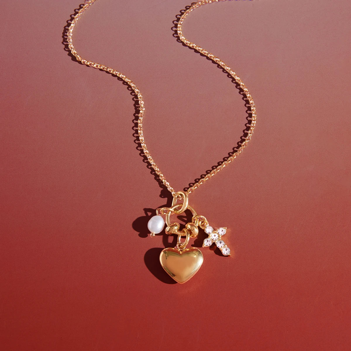 Freshwater Pearl Cross Heart Pendant Necklace