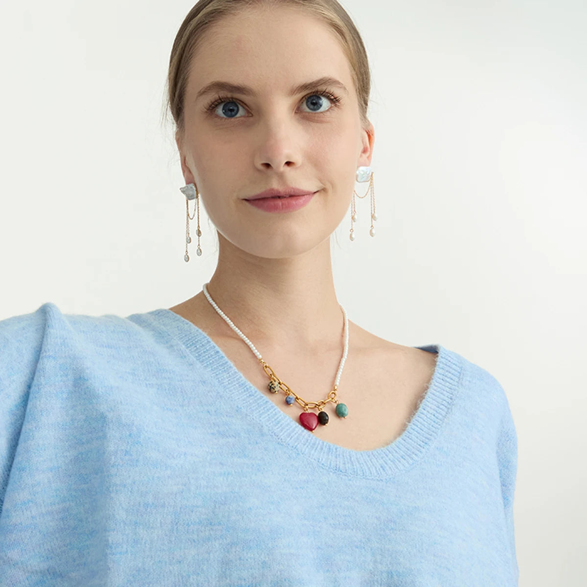 Elegant Pearl Chain Natural Stone Heart Pendant Necklace