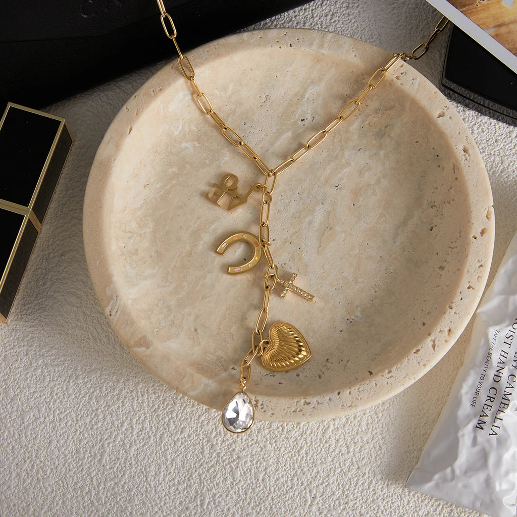 White Zirconia Cross Pendant Y-Shaped Chain Necklace