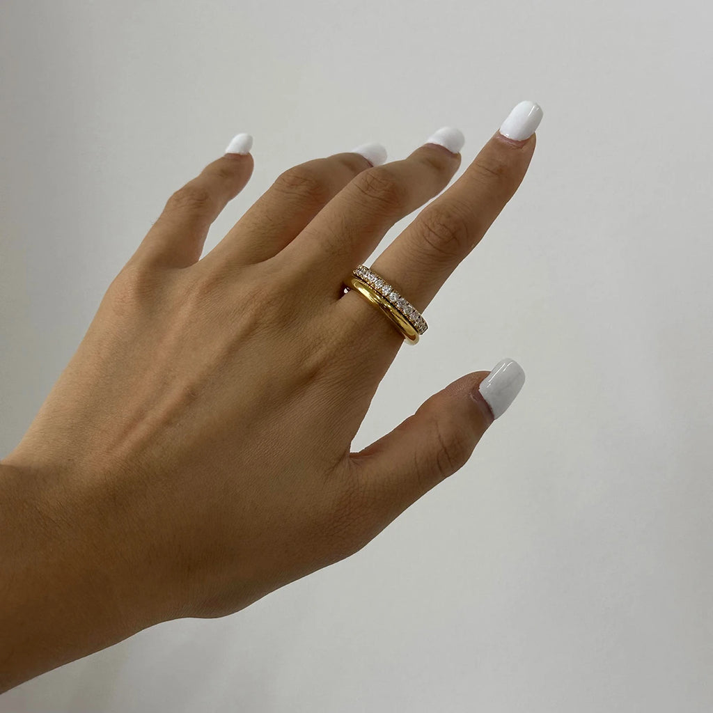 Glossy Shine Stainless Steel White Cubic Zirconia Double Layer Ring