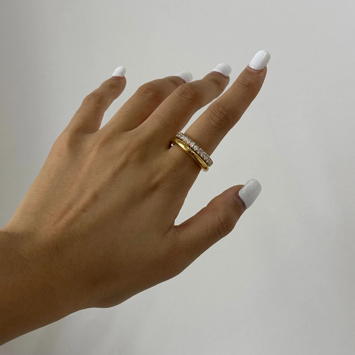 Glossy Shine Stainless Steel White Cubic Zirconia Double Layer Ring