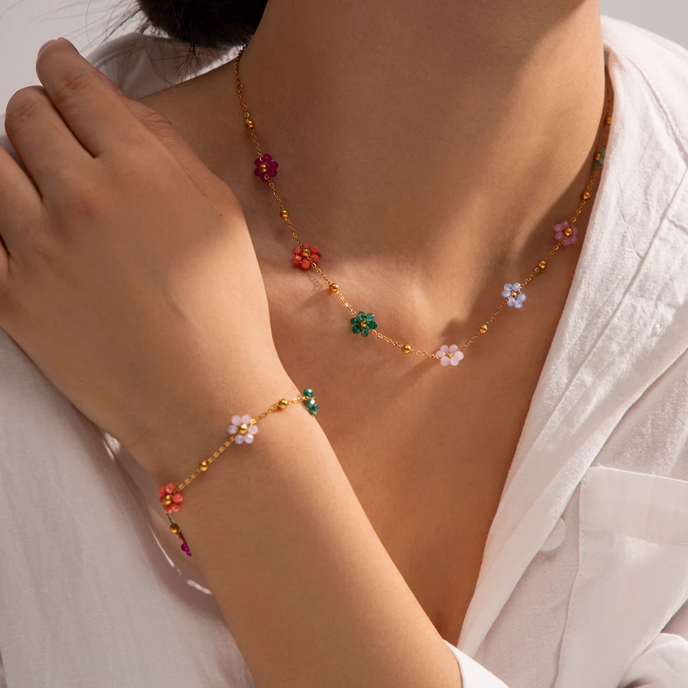 Colorful Floral Chain Bracelet Necklace Set