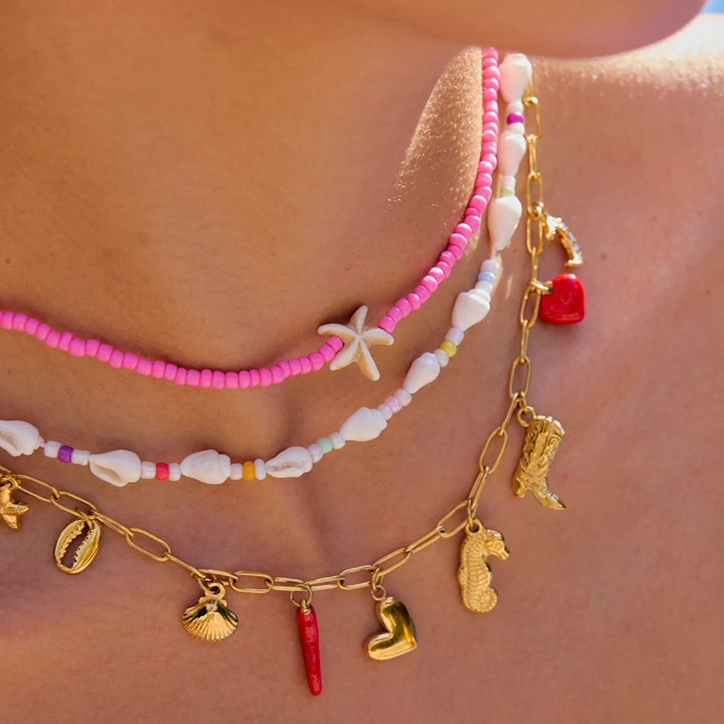 Bohemian Minimalist Geometric Starfish Pink Beads Necklace