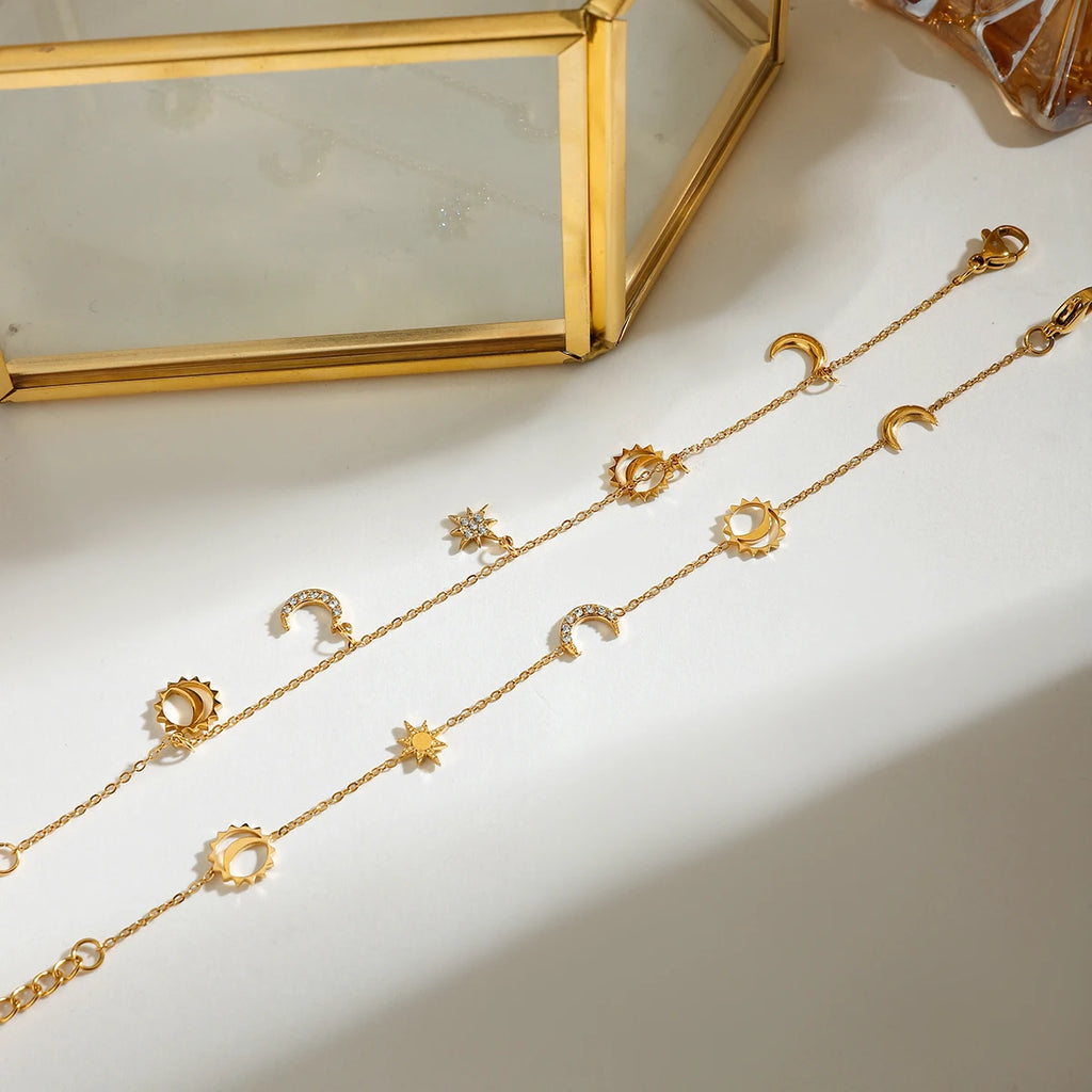Diamonds Star & Moon Charms Drop Bracelet