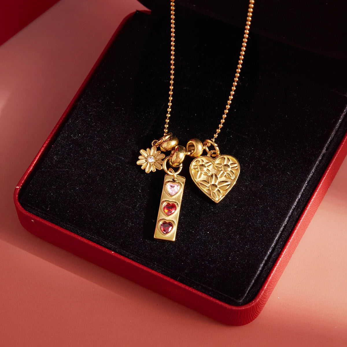Romantic Red Pink Zircon Heart Pendant Necklace