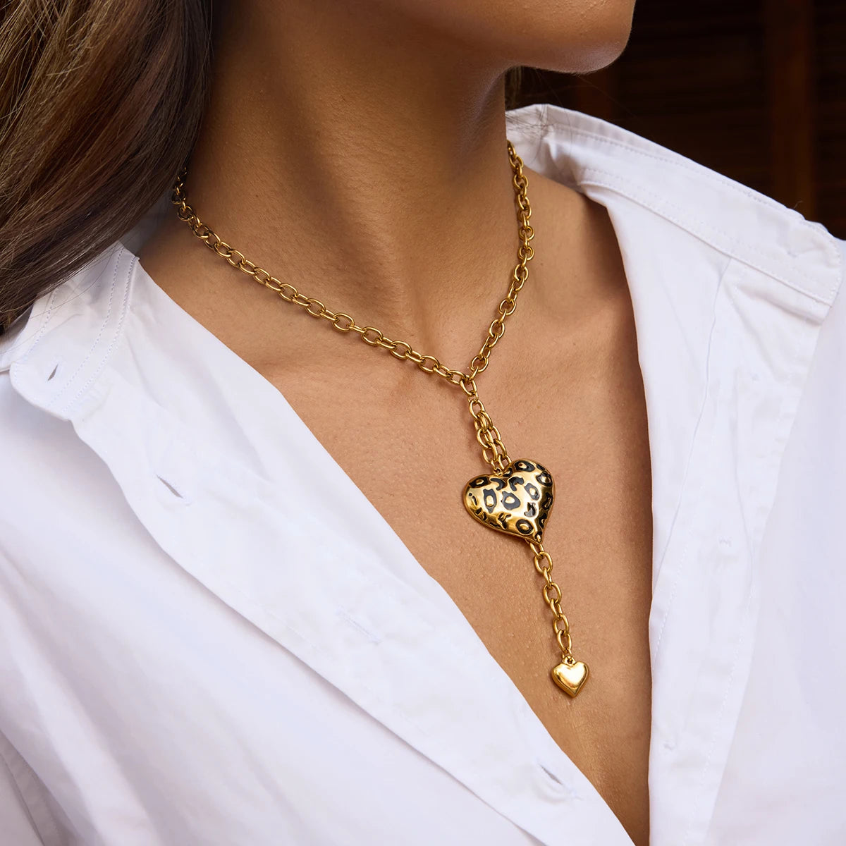 Leopard Print Oil Drip Heart Pendant Necklace