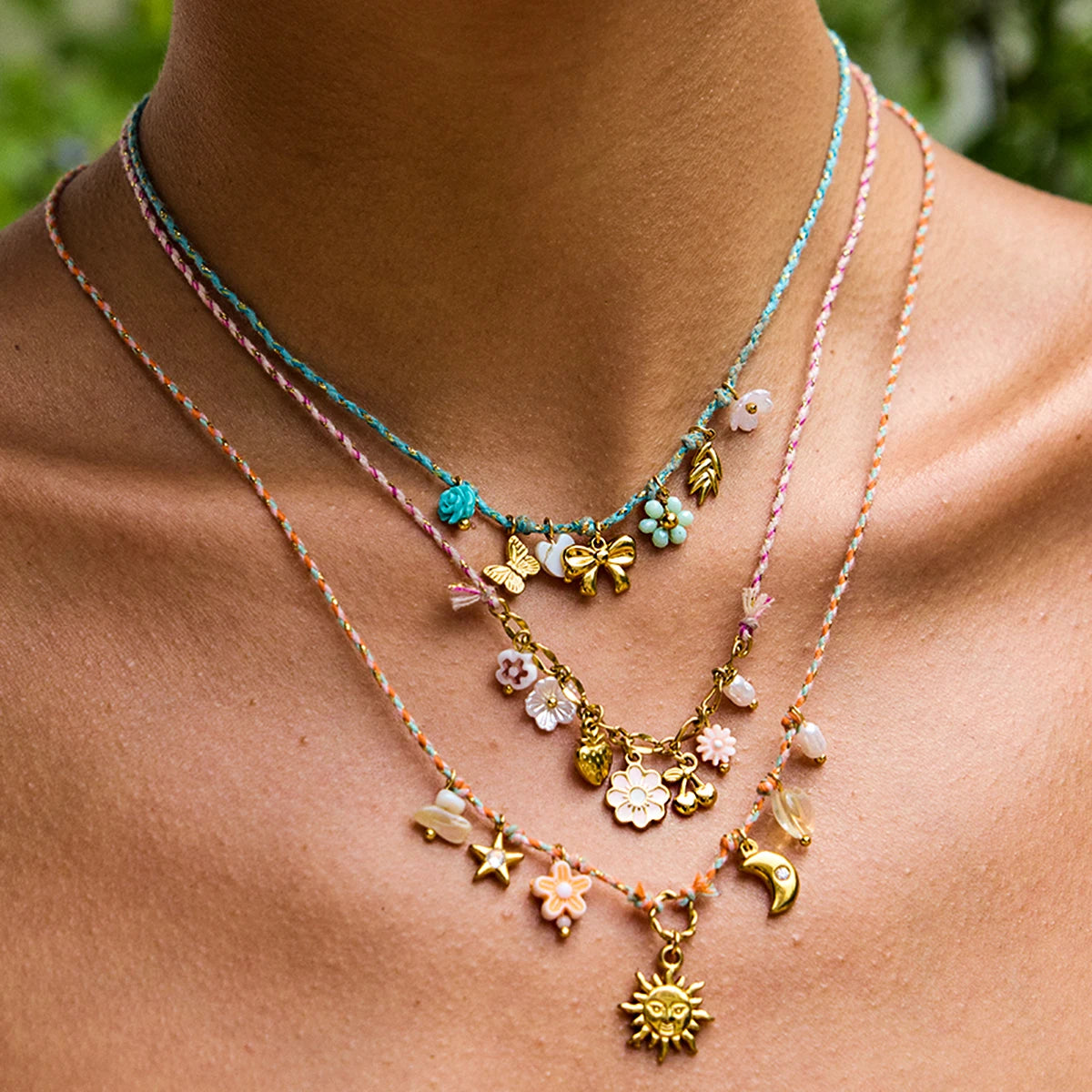 Bohemian Summer Flower Moon Sun Colorful Rope Pendant Necklace