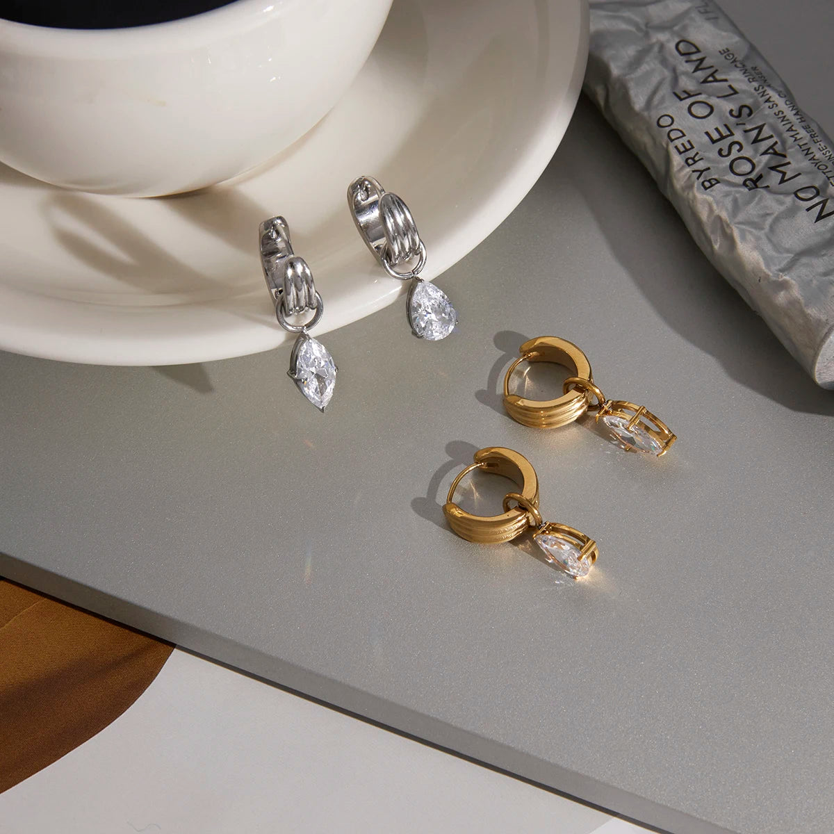 Asymmetric Water Drop Shape Zircon Earrings