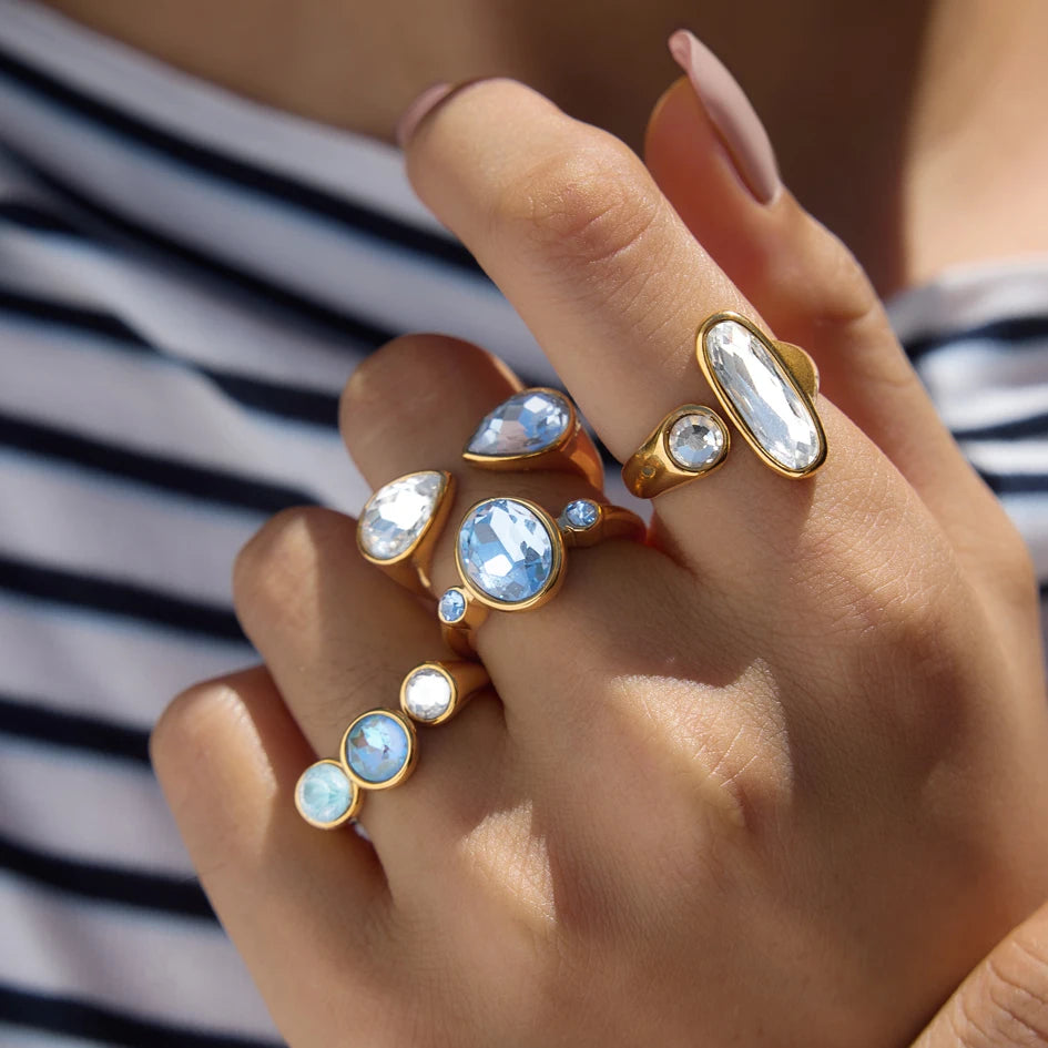 Sweet White Blue Glass Geometric Open Rings