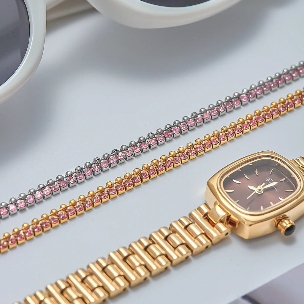 Pink Rhinestones Double Layers Chain Bracelet