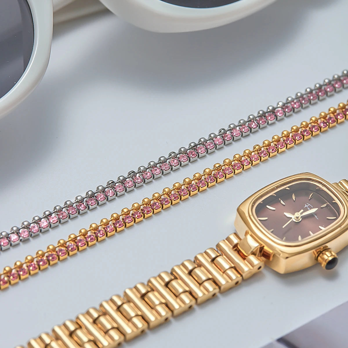 Pink Rhinestones Double Layers Chain Bracelet