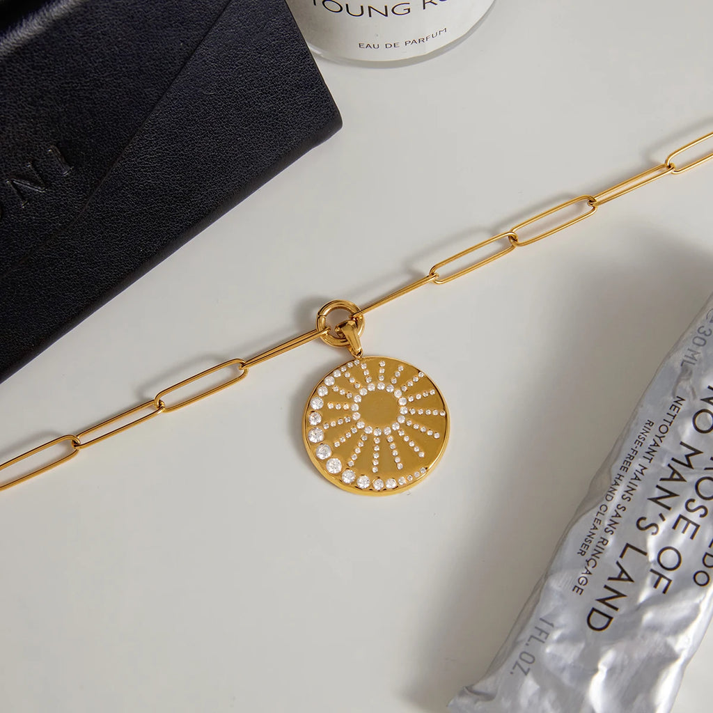 Minimalist Full Crystal Moon Sun Pendant Necklace