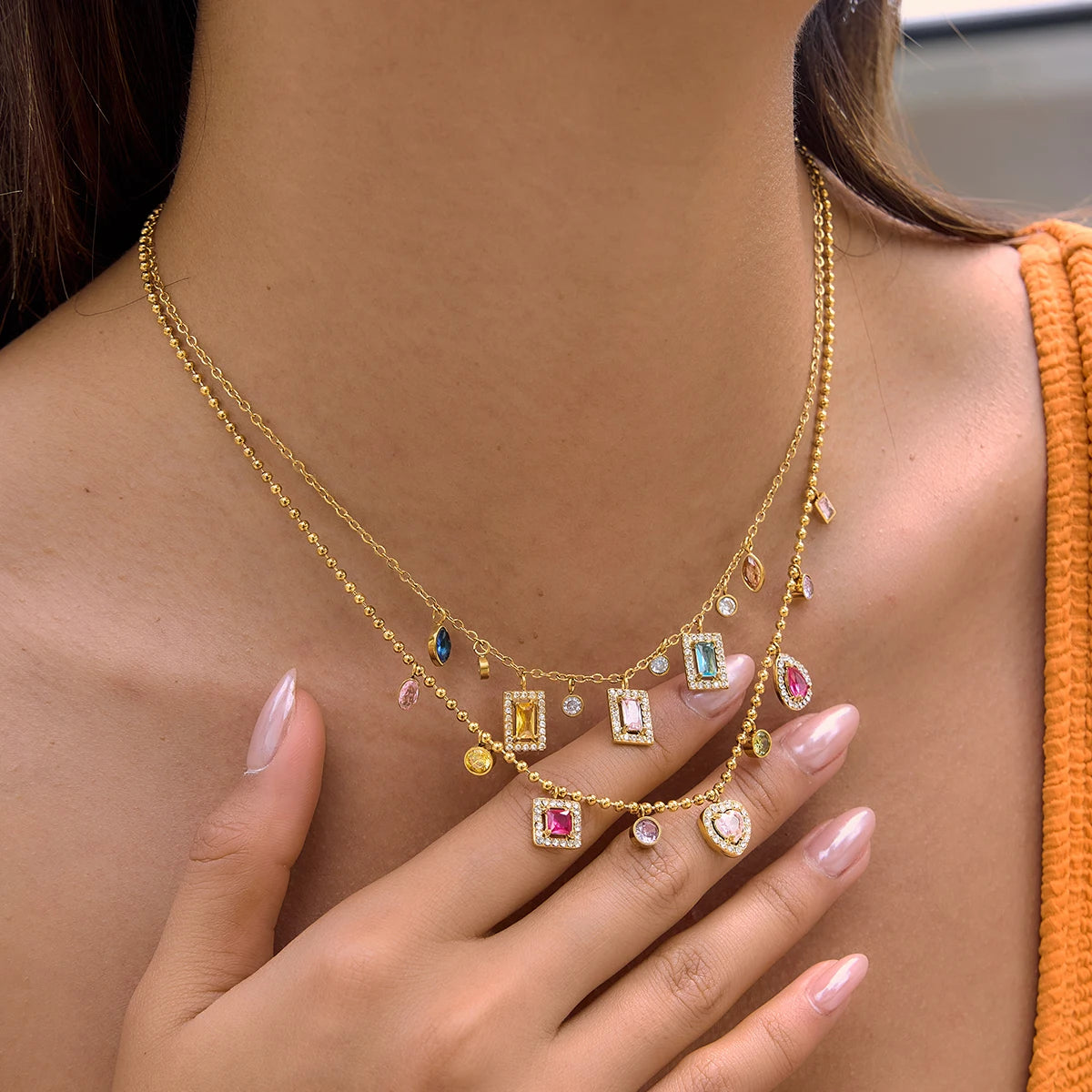 Multicolor Geometric Zircon Pendant Necklace