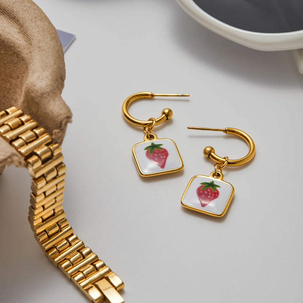 Strawberry Cherry Oil Drip Drop Hoop Earring