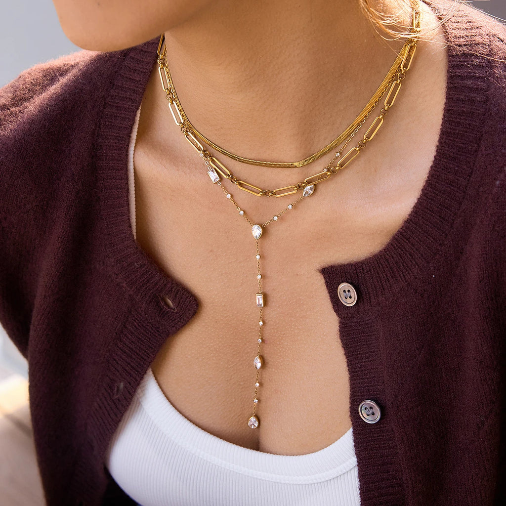 Geometric Zircon Pendant Y Shape Chain Necklace