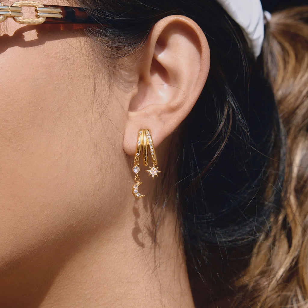 Crystal Moon Star Round Zircon Drop Earrings