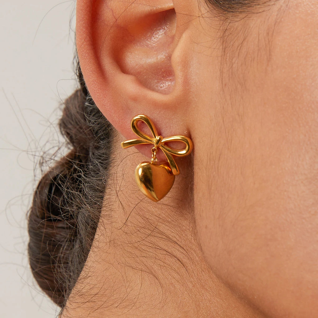 Steel Bow Heart Pendant Earrings